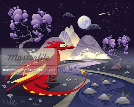 Dragon in landscape in the night. Cartoon and vector illustration, isolated objects.