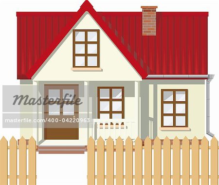 Small Mansion rural house with red roof surrounded by a fence