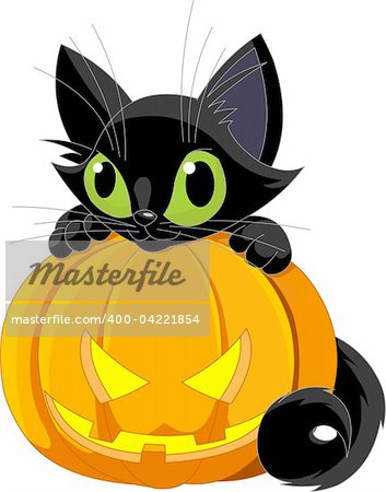 A cute black cat on a Halloween pumpkin.