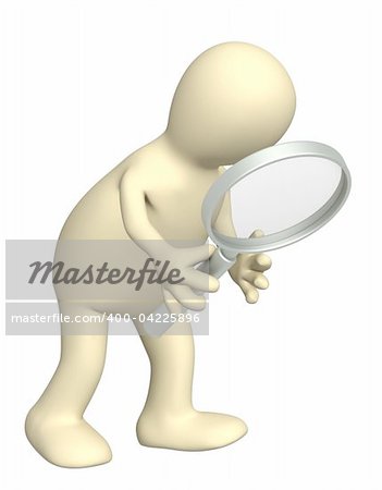 3d puppet, holding in hands the magnifier. Isolated over white