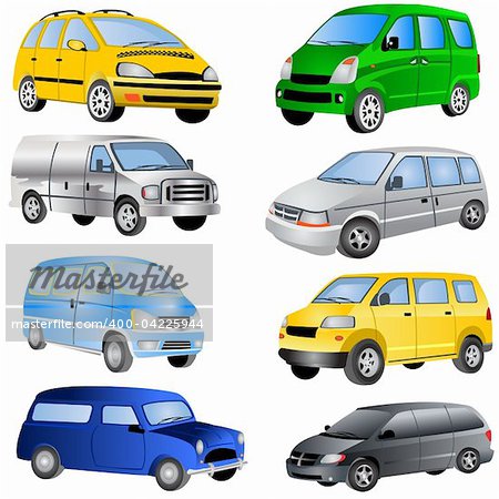 Vector illustration of different minivan cars isolated on white background.