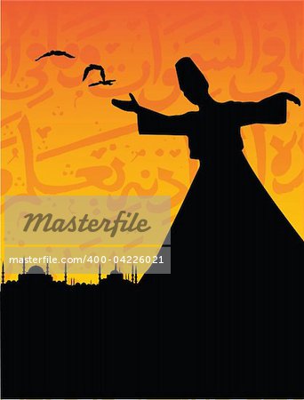 vector illustration of a Sufi isolated on an arabesque cityscape