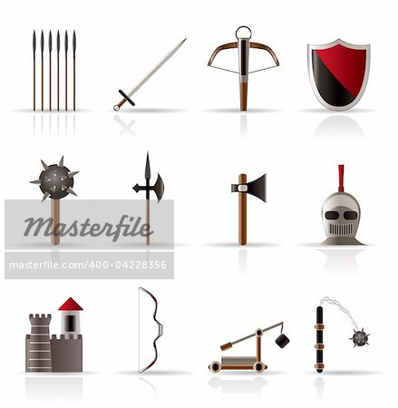 medieval arms and objects icons - vector icon set