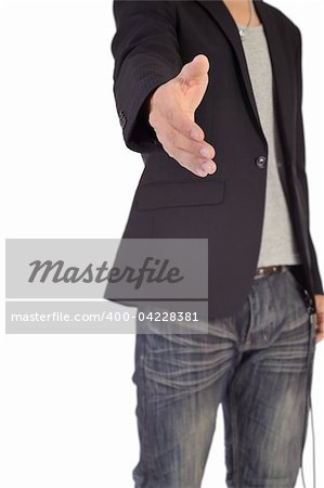 Business man in casual clothes shake hand and invite you.