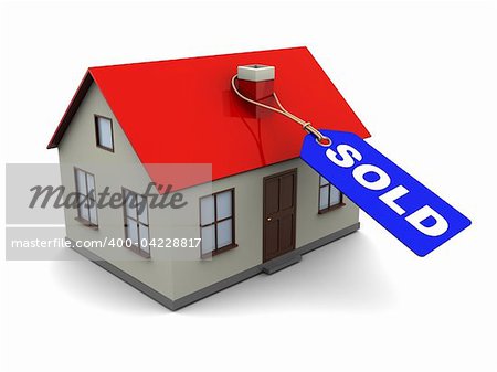 abstract 3d illustration of house with blue tag with 'sold' caption