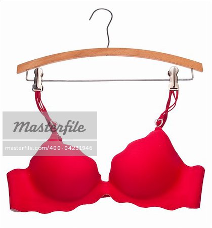 Red Bra on Wooden Hanger Isolated on White with a Clipping Path.