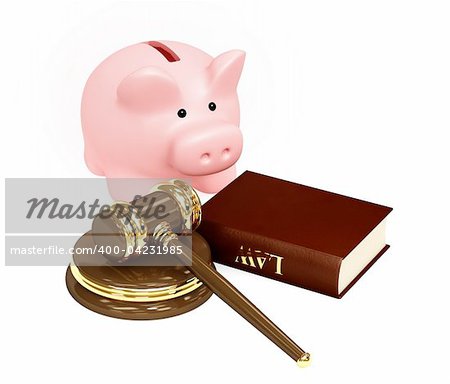 Judicial 3d gavel and piggy bank. Objects over white