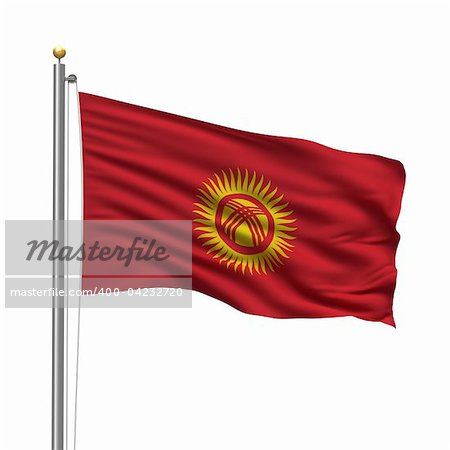 Flag of Kyrgyzstan with flag pole waving in the wind over white background