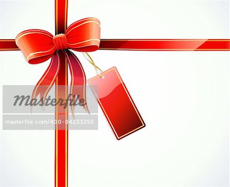 Vector illustration of gift wrapped white paper with a red ribbon, bow and blank tag