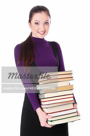 student girl is happy with books. Isolated at white background