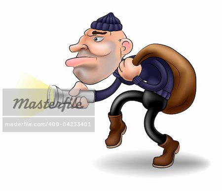 illustration of a robber or burglar creeping along with his swag bag