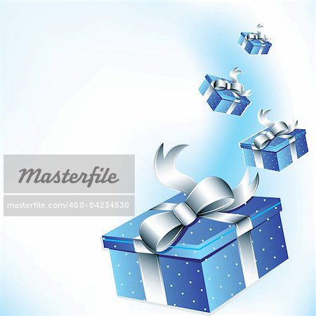 Flying gift boxes with silver bow,background for your text