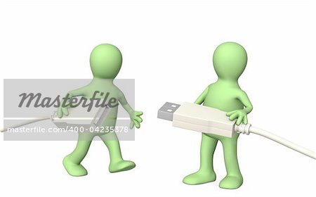 3d puppets with usb cables. Isolated over white