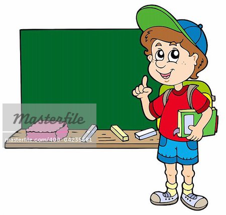 Advising school boy with blackboard - vector illustration.