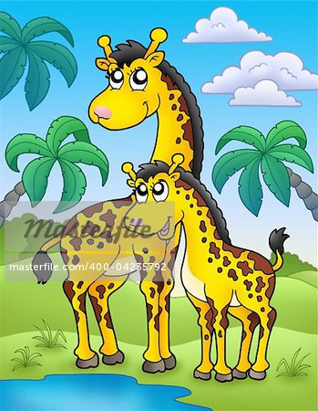 African landscape with giraffes - color illustration.