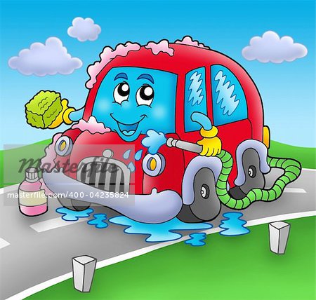 Cartoon car wash on road - color illustration.