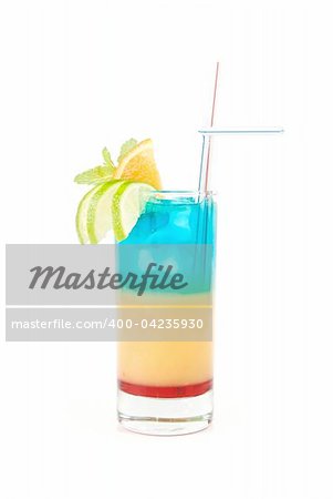 Alcoholic cocktails with lime, orange and mint decorated  isolated on white background