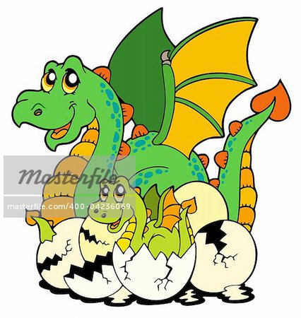 Dragon mom with baby and eggs - vector illustration.