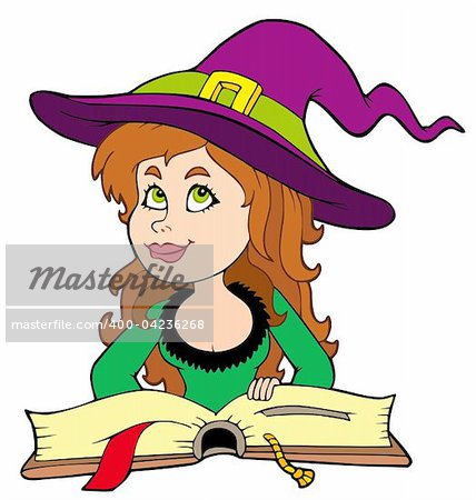 Cute girl witch reading book - vector illustration.