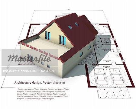 Vector of a house on top of architecture blueprints