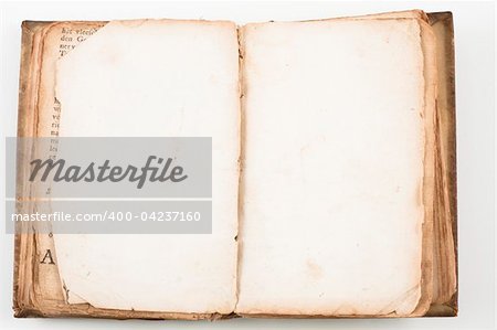 Vintage paper background from an opened antique religious  book from 1739 with leather cover with copy space isolated on white