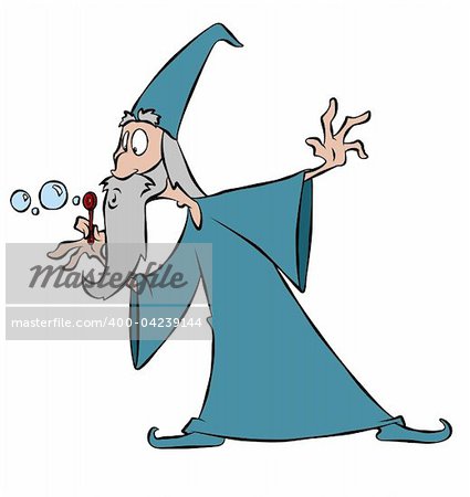 A wizard blowing bubbles with his 'magic' wand.