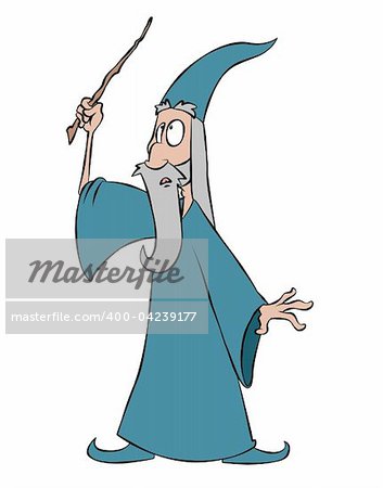 A cartoon wizard waving his wand, about to cast a spell.