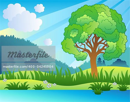 Landscape with leafy tree and lake - vector illustration.