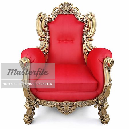 elegant armchair of red fabric and gold-plated body. isolated on white