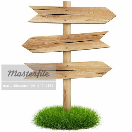old wooden arrow on the grass isolated on white background including clipping path
