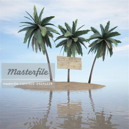 three palms on a desert island. 3d image. one palm tree nailed billboard
