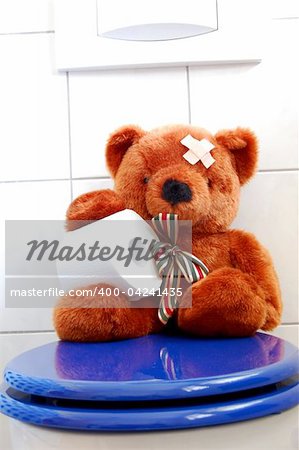 toy teddy bear with paper in the bathroom on toilet