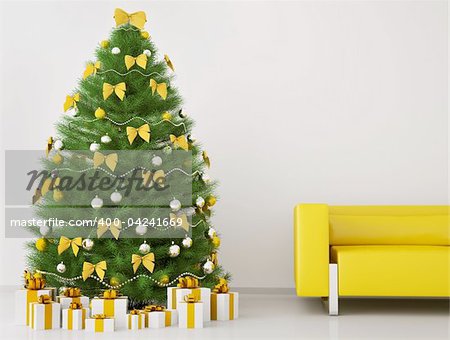 Christmas tree with decorations in the room with sofa interior 3d render