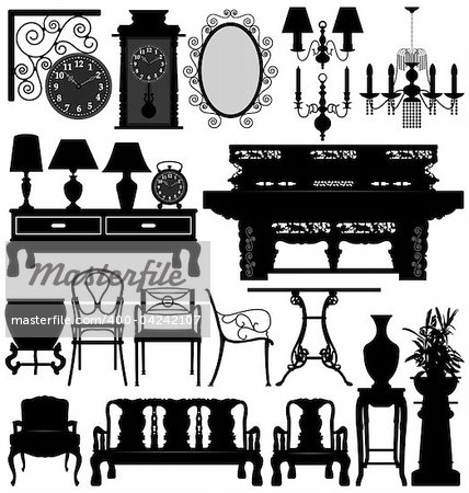 A set of antique old furniture for interior design.