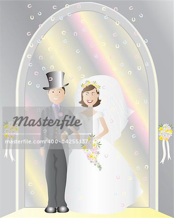 an illustration of a bride and groom on their wedding day coming out of a church doorway with confetti falling