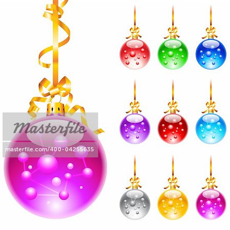 Set of christmas decoration balloons with ribbons. Vector illustration.