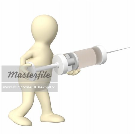 3d puppet - doctor with a syringe. Isolated over white