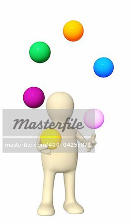 3d  puppet, juggling with color balls. Isolated over white