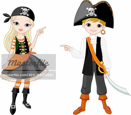 Two pointing  kids dressed as pirates for Halloween party