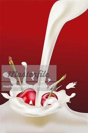 illustration of cherries in the splash of milk