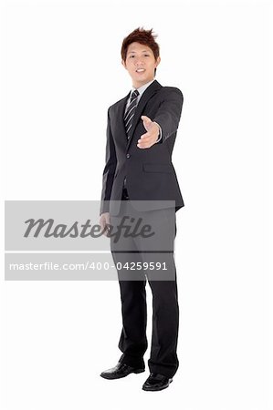 Young entrepreneur shake hand with you, full length portrait isolated on white.