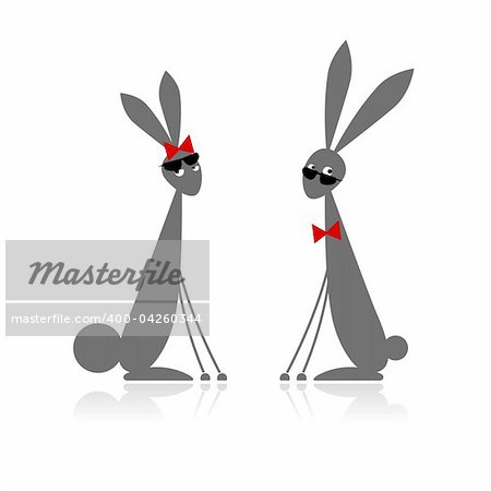 Couple of rabbits, black silhouette for your design