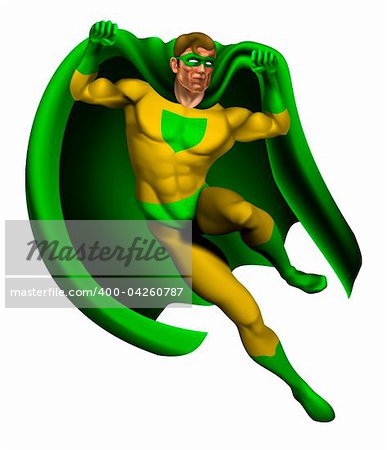 Illustration of an amazing superhero dressed in yellow and green costume with cape landing