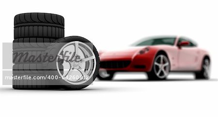 Four wheels isolated on a white background with a red car