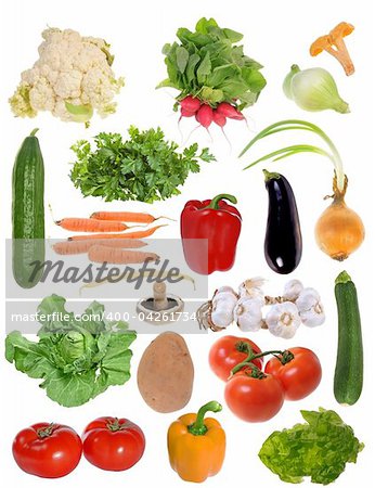 Assembling of delicious fresh vegetables isolated on white background