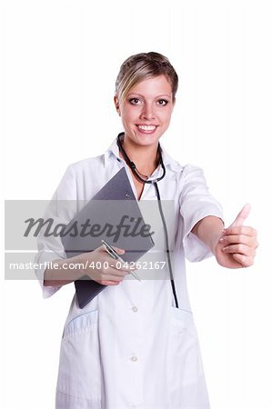 Smiling female doctor holding some folders and showing the all OK. Isolated on white.