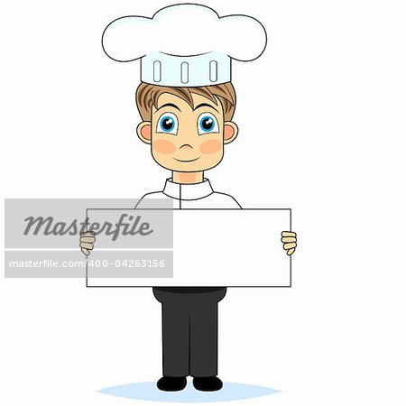 vector illustration of a cute boy chef holding a blank sign. No gradient.