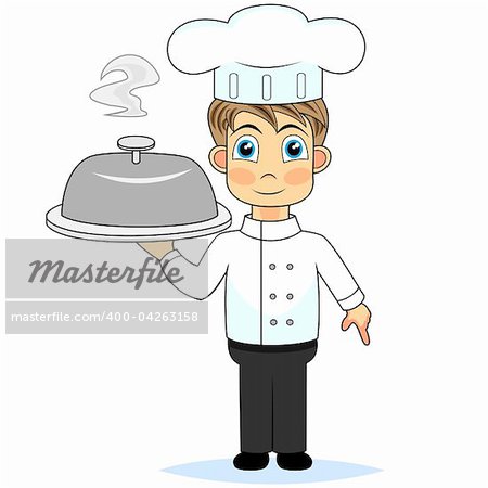 vector illustration of a cute boy chef presenting a meal. No gradient.