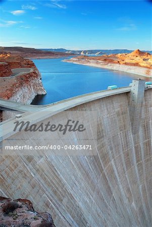 Glen Canyon Dam panorama with Colorado River in Lake Powell at Page, Arizona.