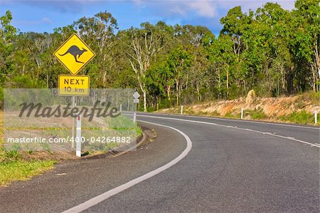 An Australian kangaroo warning sign on the side of a road
